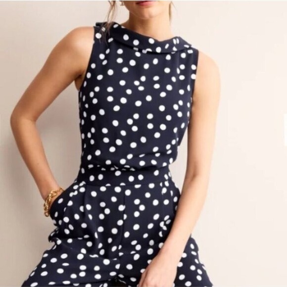 Boden Pants - Boden Clarissa Navy Polka Dot Wide Leg Jumpsuit Sleeveless Boat Neck | 16 - 18T